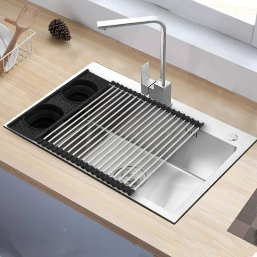 Roll-up dish drying mat with two utensil holders