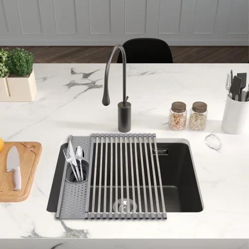 Roll-up dish drying mat with utensil holder