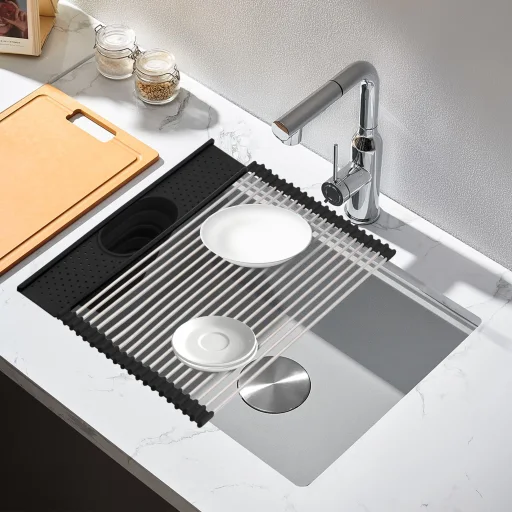 Roll-up dish drying mat with utensil holder