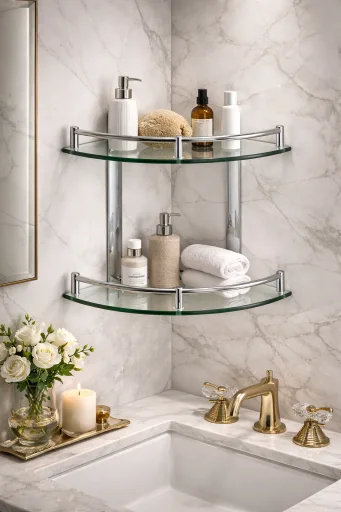 Two-tier corner glass shelf